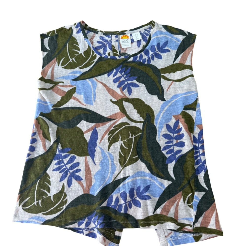 C&C California‎ 100% Linen Cap SLV Tropical Print Button Back Top Green BlueM